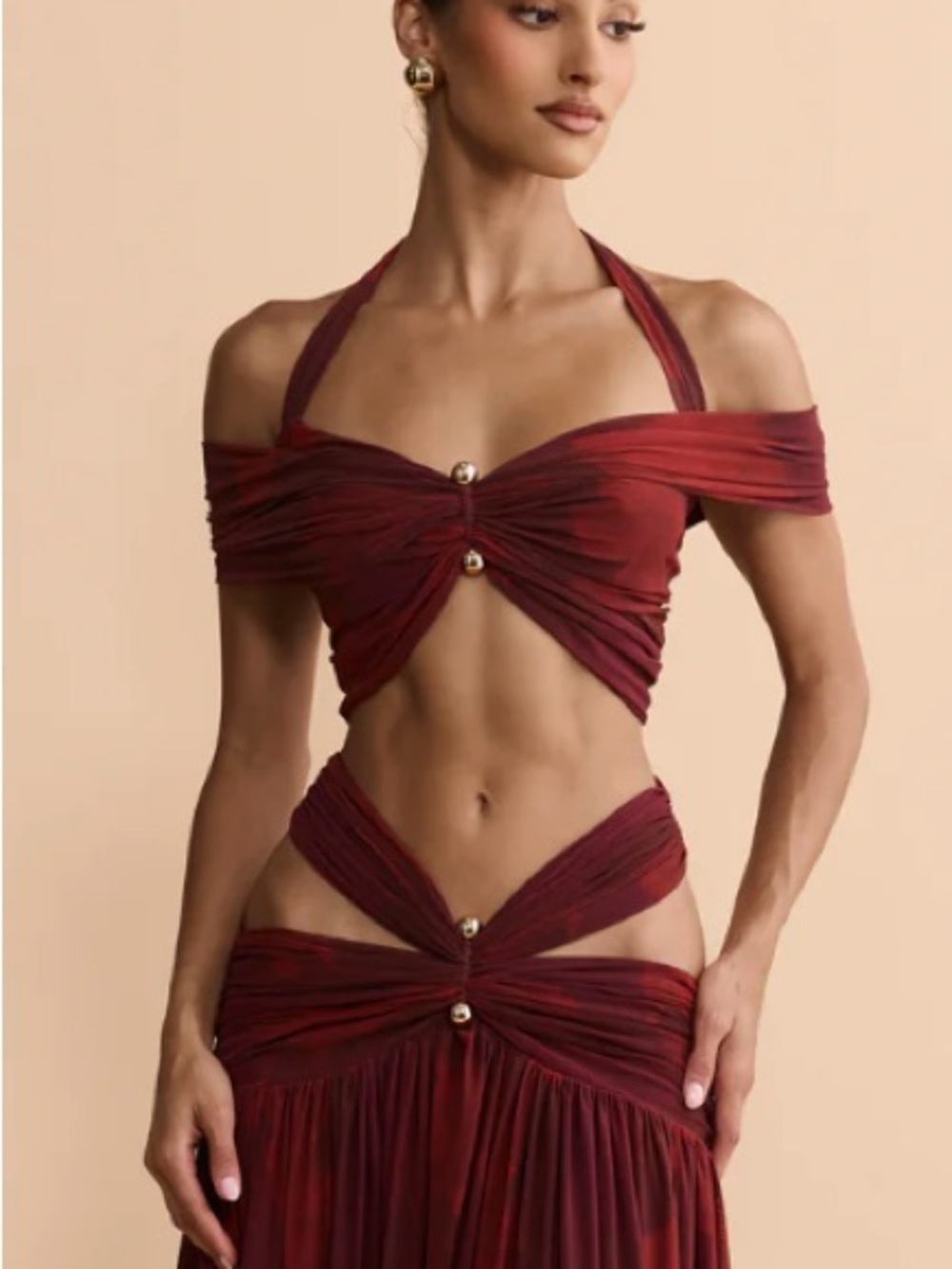 Melani the Label Deep Red Cutout Halter Crop Top With Gold Clasp